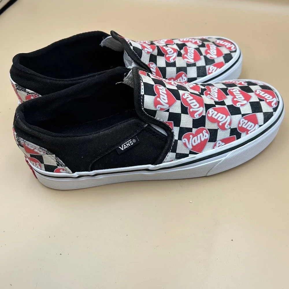 Vans Slip-On Checkerboard Heart Print Sneakers - Black/Red
